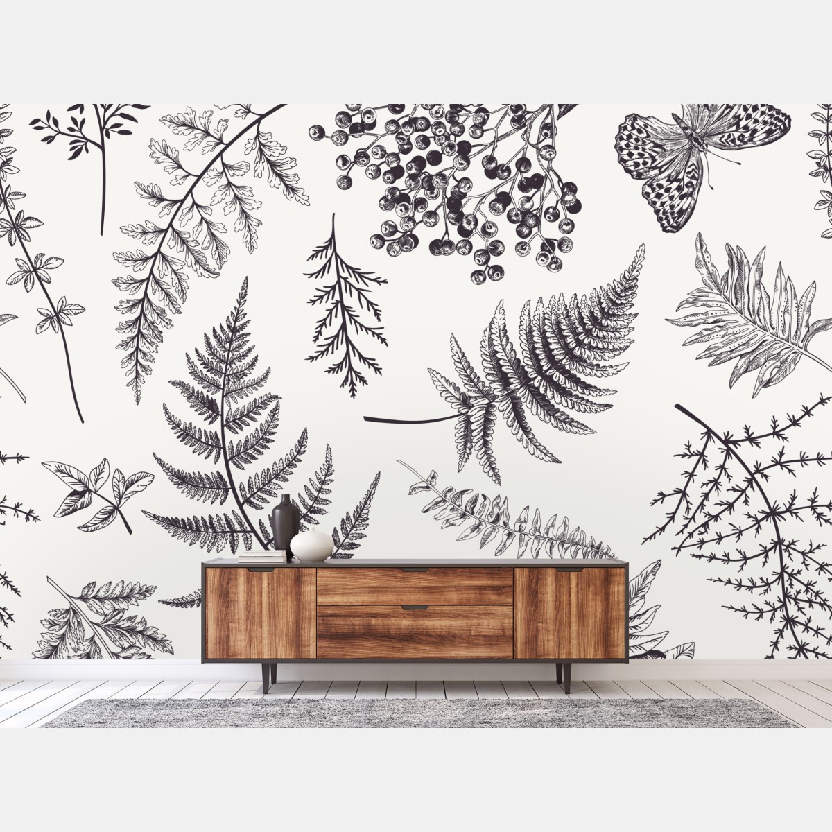 Wall mural monochrome botanical leaves pattern