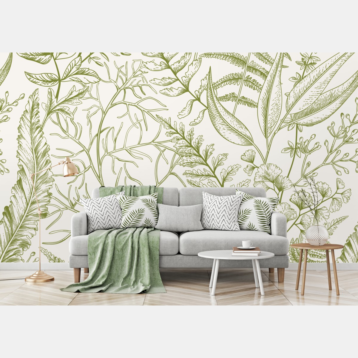 Wall mural hand-drawn green botanical leaves