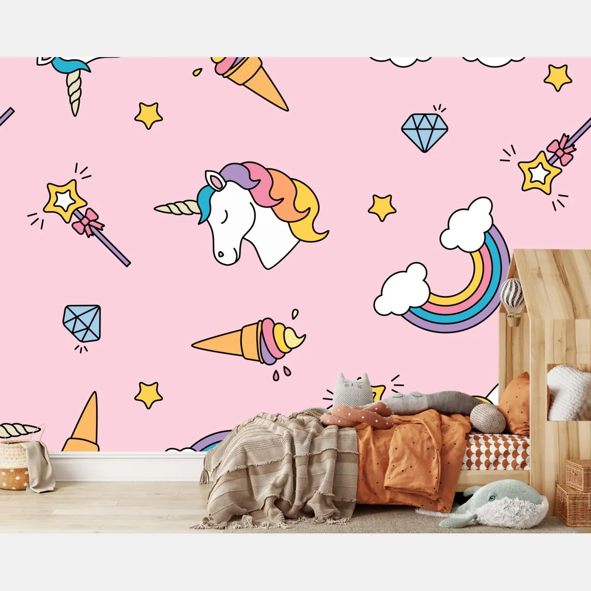 Fototapeta pastelowy wzór z jednorożcami i tęczami – Wallissimo® Fototapeta pastelowy wzór z jednorożcami i tęczami – Wallissimo®