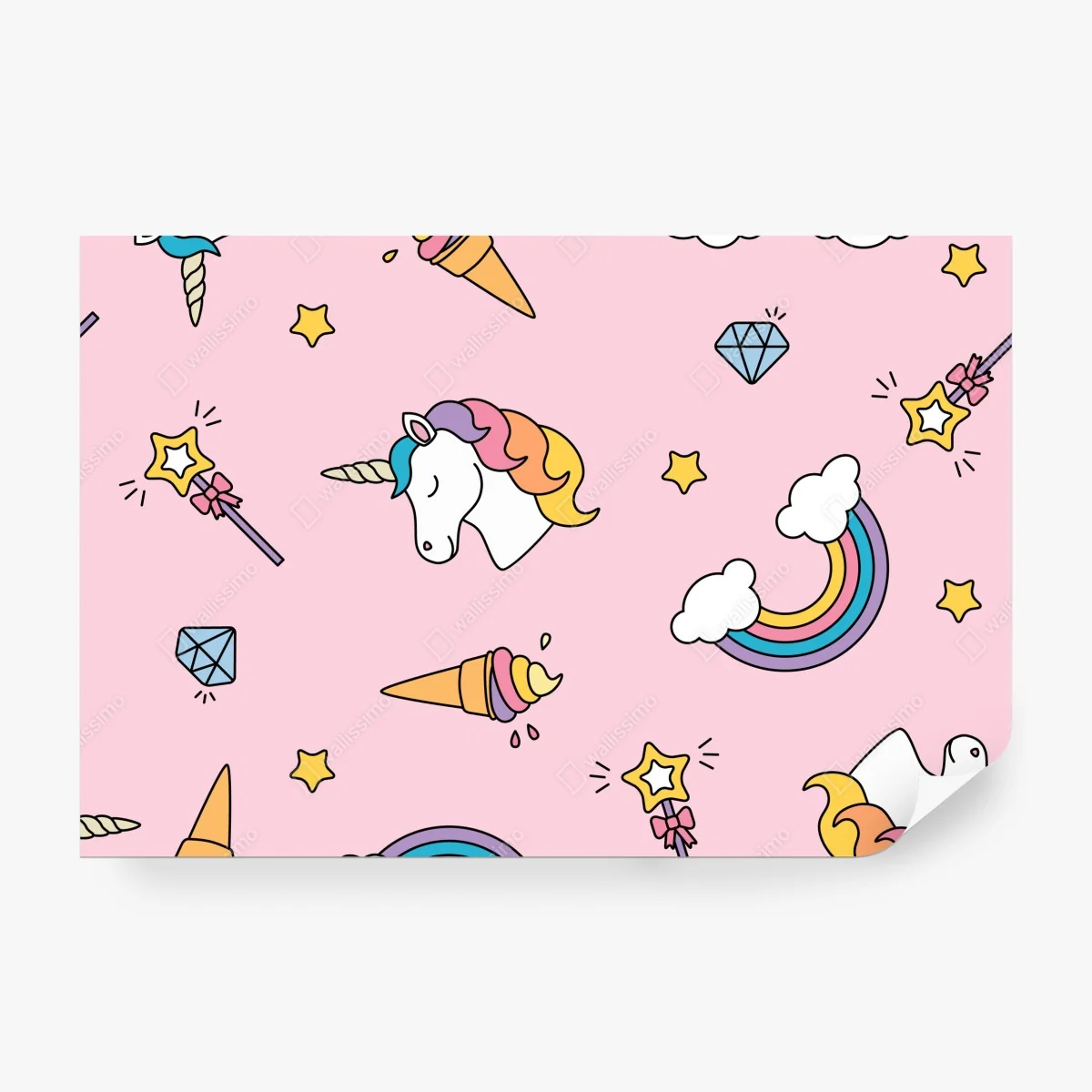 Fototapeta pastelowy wzór z jednorożcami i tęczami – Wallissimo® Fototapeta pastelowy wzór z jednorożcami i tęczami – Wallissimo®
