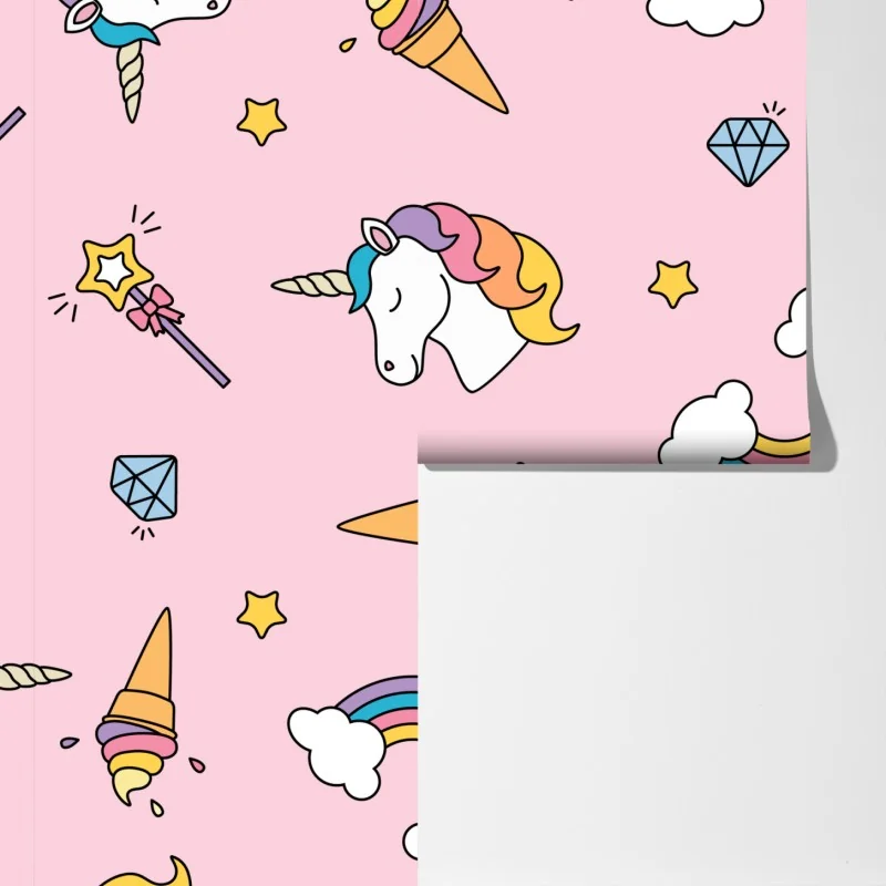 Fototapeta pastelowy wzór z jednorożcami i tęczami – Wallissimo® Fototapeta pastelowy wzór z jednorożcami i tęczami – Wallissimo®