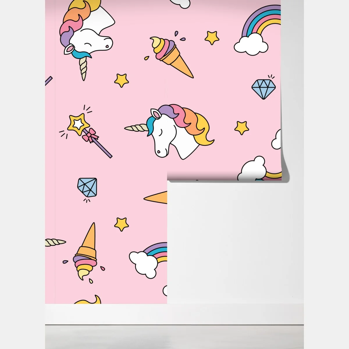 Fototapeta pastelowy wzór z jednorożcami i tęczami – Wallissimo® Fototapeta pastelowy wzór z jednorożcami i tęczami – Wallissimo®