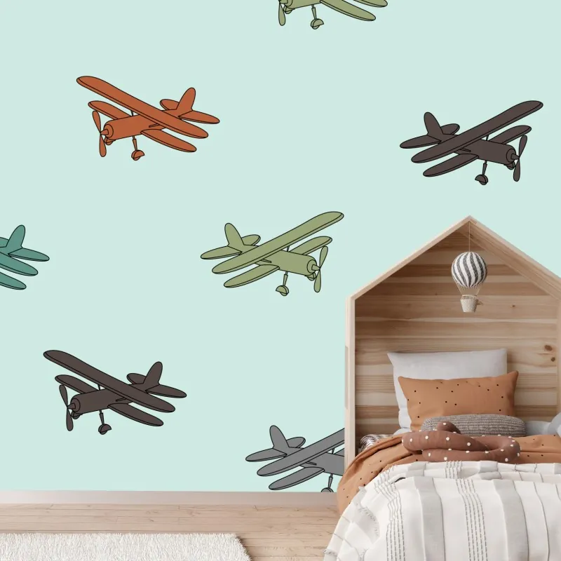 Fototapeta wzór z dwupłatowcami na turkusowym tle – Wallissimo® Fototapeta wzór z dwupłatowcami na turkusowym tle – Wallissimo®