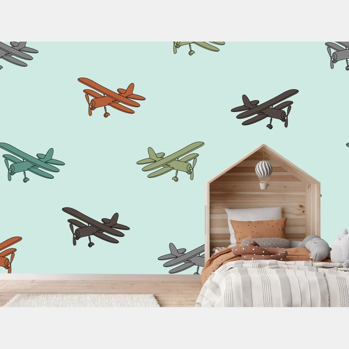 Fototapeta wzór z dwupłatowcami na turkusowym tle – Wallissimo® Fototapeta wzór z dwupłatowcami na turkusowym tle – Wallissimo®