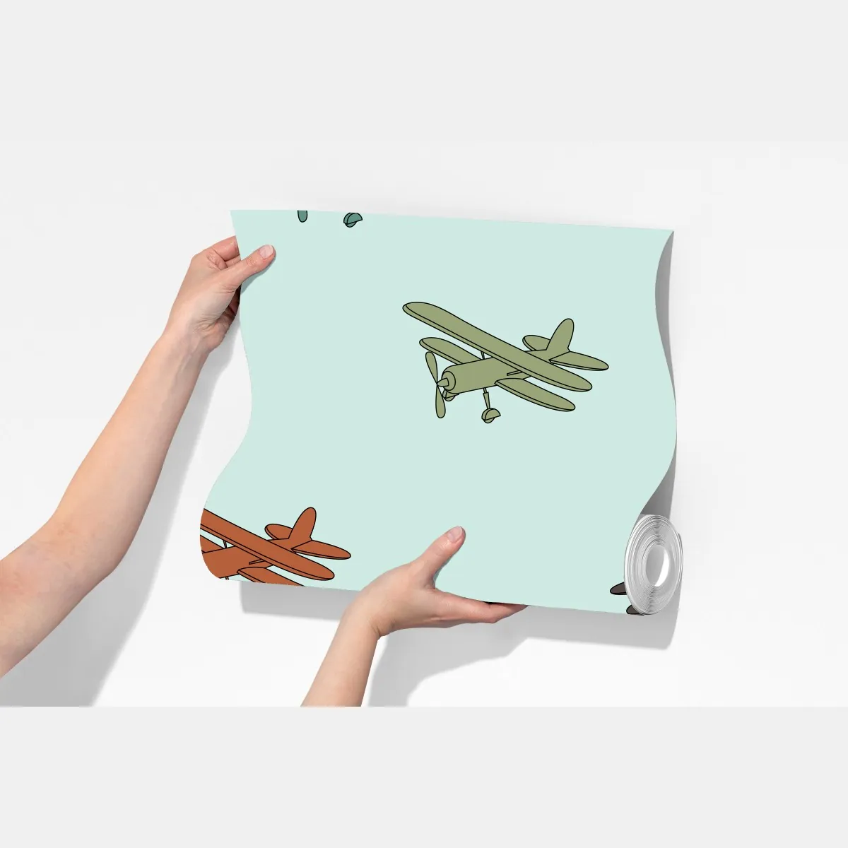 Fototapeta wzór z dwupłatowcami na turkusowym tle – Wallissimo® Fototapeta wzór z dwupłatowcami na turkusowym tle – Wallissimo®