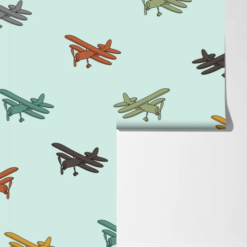 Fototapeta wzór z dwupłatowcami na turkusowym tle – Wallissimo® Fototapeta wzór z dwupłatowcami na turkusowym tle – Wallissimo®