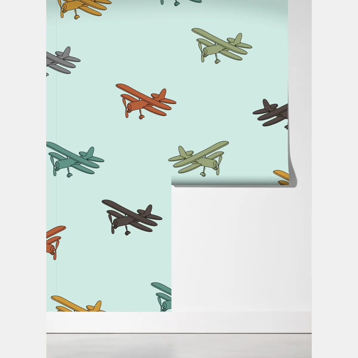 Fototapeta wzór z dwupłatowcami na turkusowym tle – Wallissimo® Fototapeta wzór z dwupłatowcami na turkusowym tle – Wallissimo®