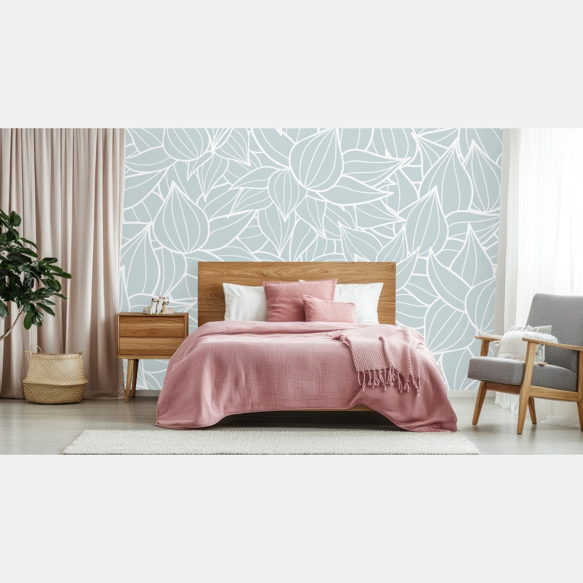 Wall mural soft turquoise leaf pattern