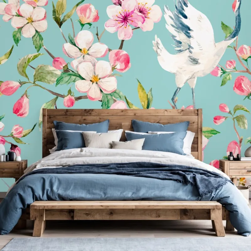 Fototapeta turkusowy wzór kwitnącej wiśni i żurawia