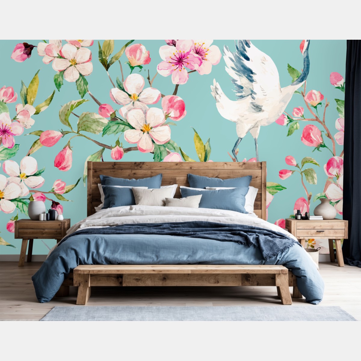 Wall mural turquoise cherry blossom and crane pattern