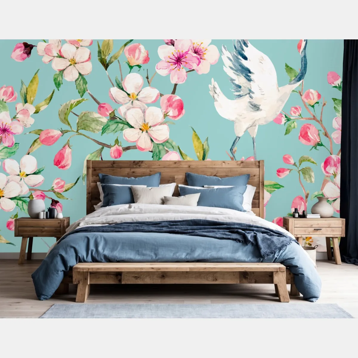 Fototapeta turkusowy wzór kwitnącej wiśni i żurawia – Wallissimo® Fototapeta turkusowy wzór kwitnącej wiśni i żurawia – Wallissimo®