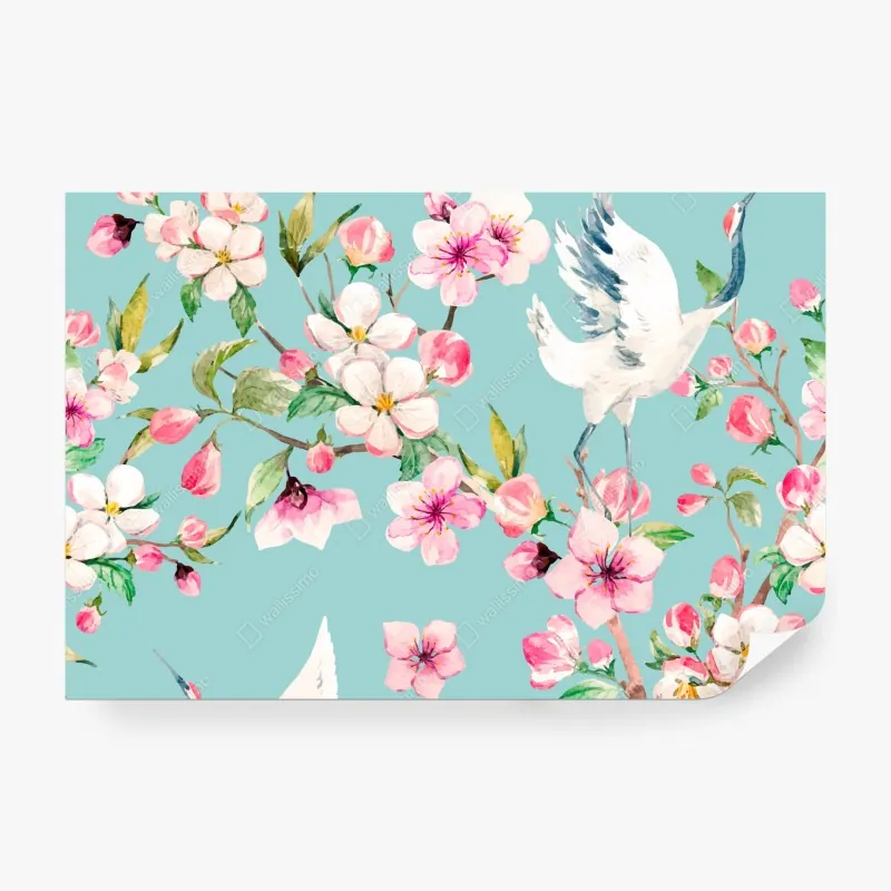 Fototapeta turkusowy wzór kwitnącej wiśni i żurawia