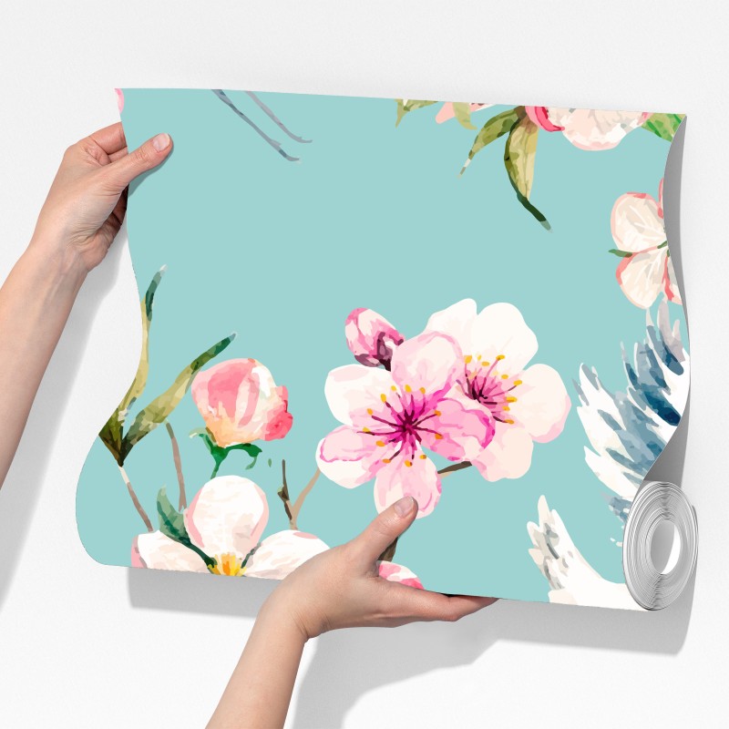 Fototapeta turkusowy wzór kwitnącej wiśni i żurawia – Wallissimo® Fototapeta turkusowy wzór kwitnącej wiśni i żurawia – Wallissimo®