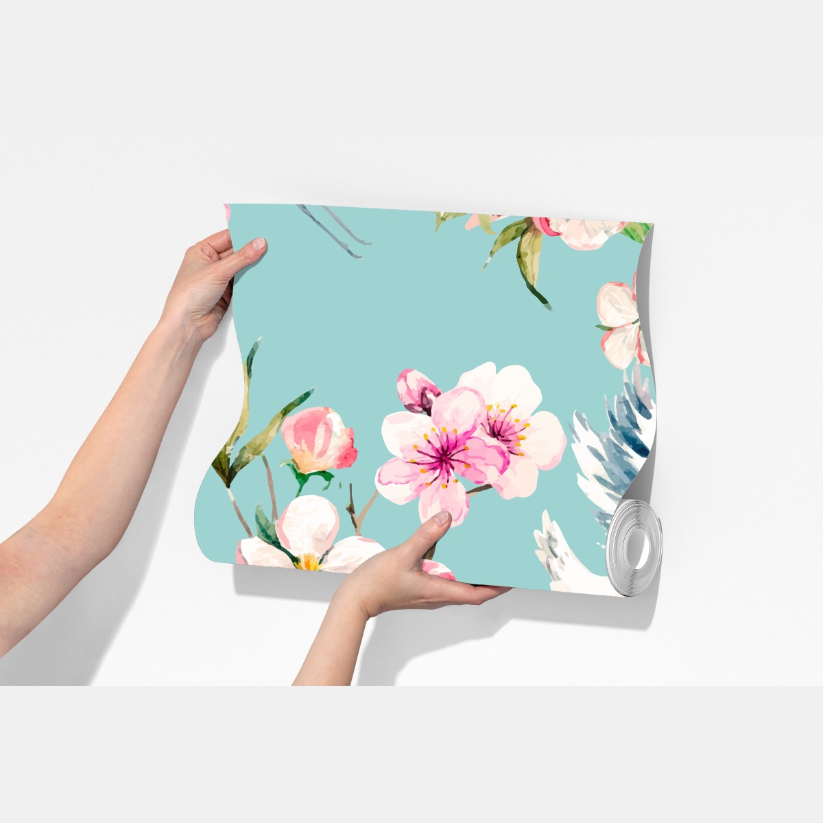 Fototapeta turkusowy wzór kwitnącej wiśni i żurawia – Wallissimo® Fototapeta turkusowy wzór kwitnącej wiśni i żurawia – Wallissimo®