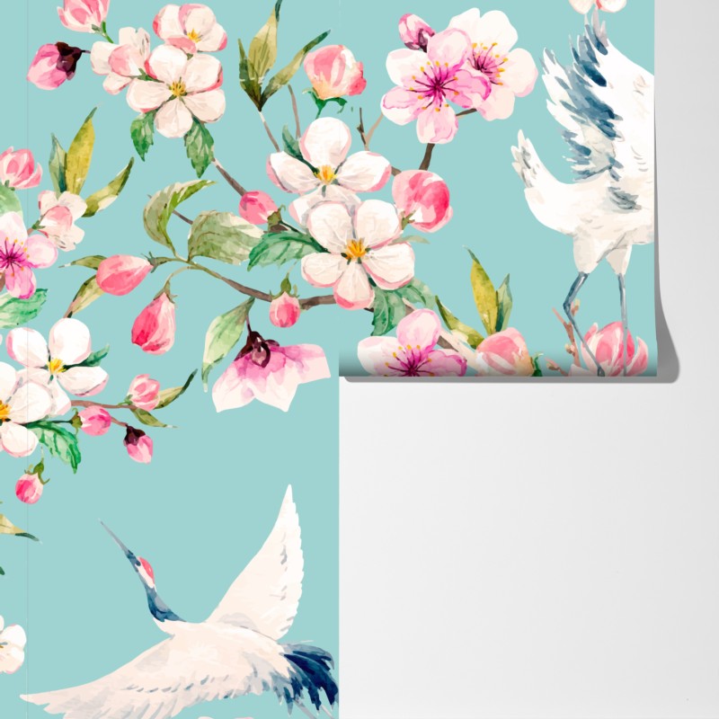 Fototapeta turkusowy wzór kwitnącej wiśni i żurawia – Wallissimo® Fototapeta turkusowy wzór kwitnącej wiśni i żurawia – Wallissimo®