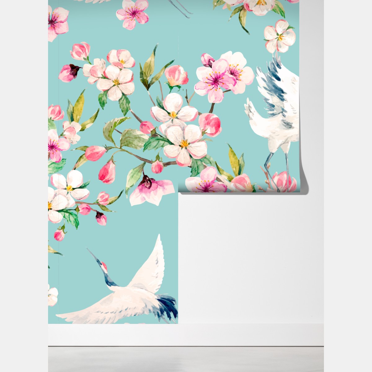 Fototapeta turkusowy wzór kwitnącej wiśni i żurawia – Wallissimo® Fototapeta turkusowy wzór kwitnącej wiśni i żurawia – Wallissimo®