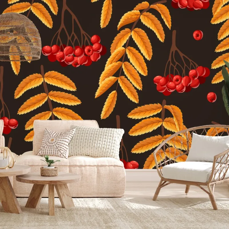 Fototapeta jesienny wzór z liśćmi jarzębiny