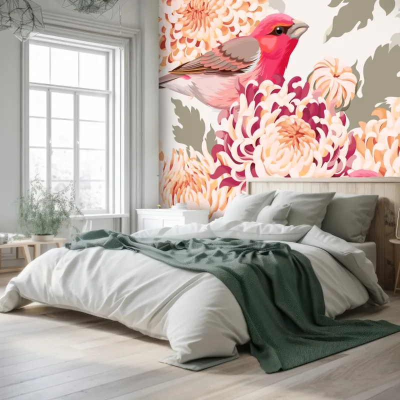 Fototapeta różowe ptaki i wzór z chryzantemami