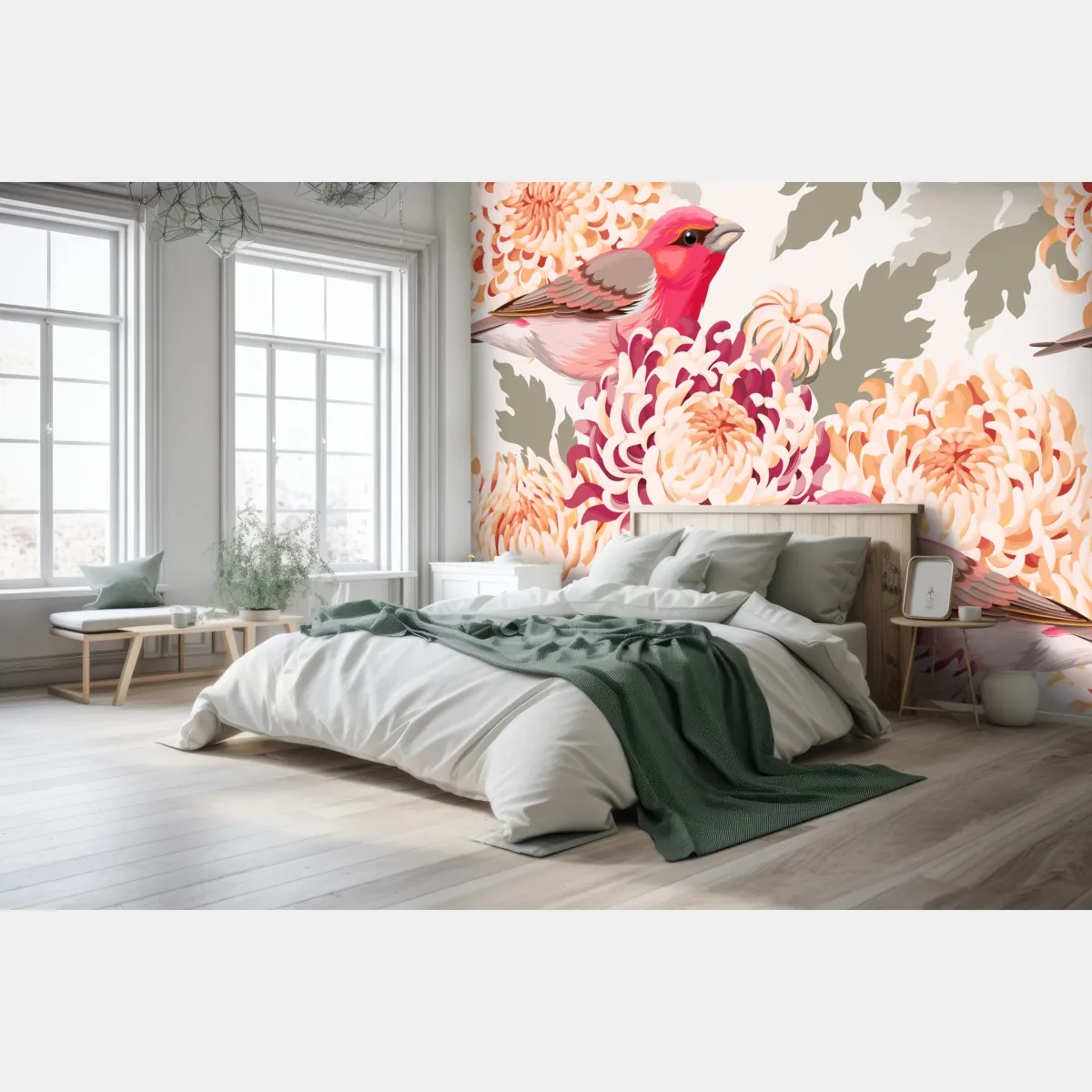 Fototapeta różowe ptaki i wzór z chryzantemami – Wallissimo® Fototapeta różowe ptaki i wzór z chryzantemami – Wallissimo®