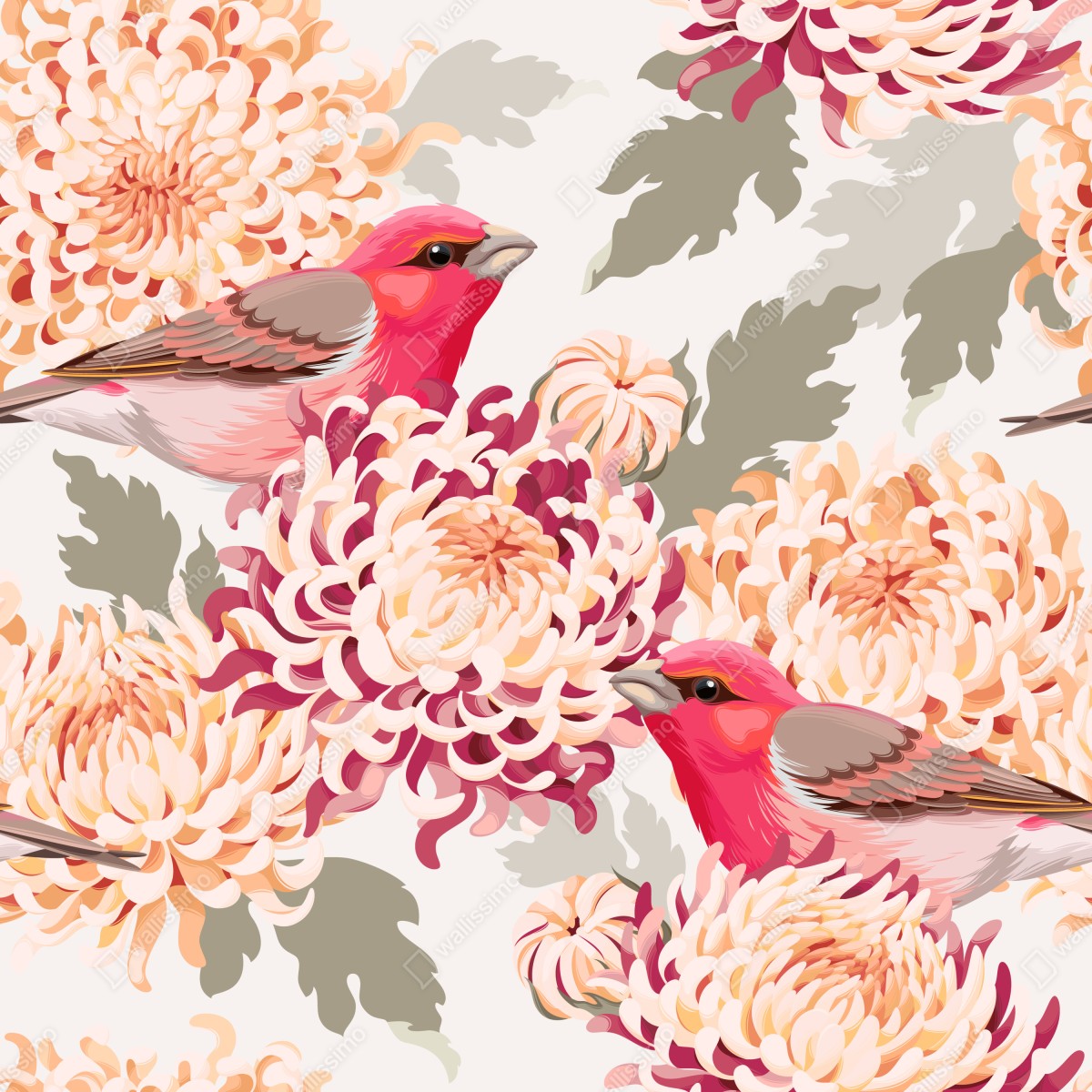Fototapeta różowe ptaki i wzór z chryzantemami – Wallissimo® Fototapeta różowe ptaki i wzór z chryzantemami – Wallissimo®