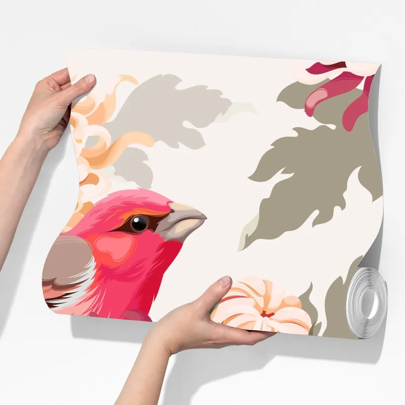 Fototapeta różowe ptaki i wzór z chryzantemami – Wallissimo® Fototapeta różowe ptaki i wzór z chryzantemami – Wallissimo®