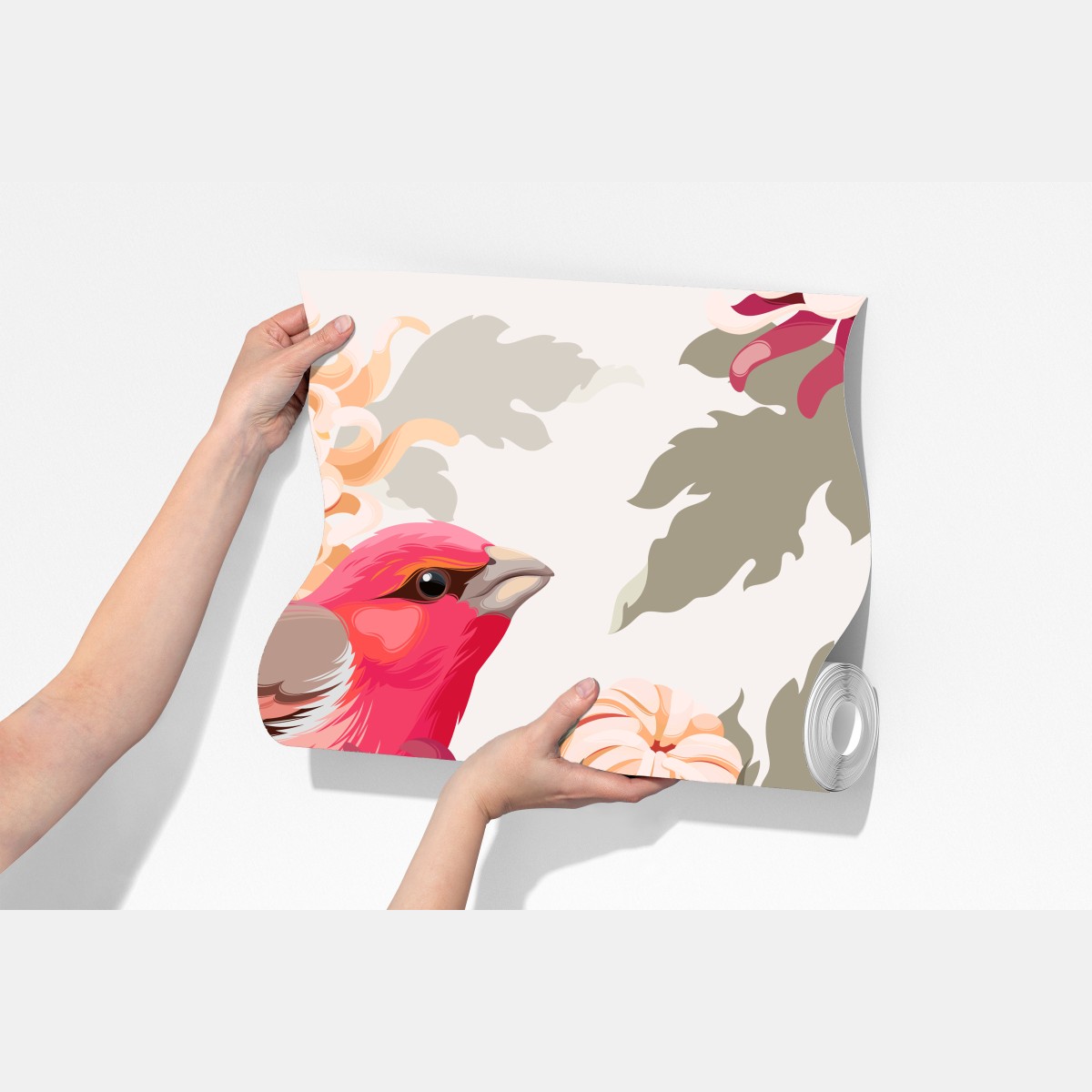 Fototapeta różowe ptaki i wzór z chryzantemami – Wallissimo® Fototapeta różowe ptaki i wzór z chryzantemami – Wallissimo®