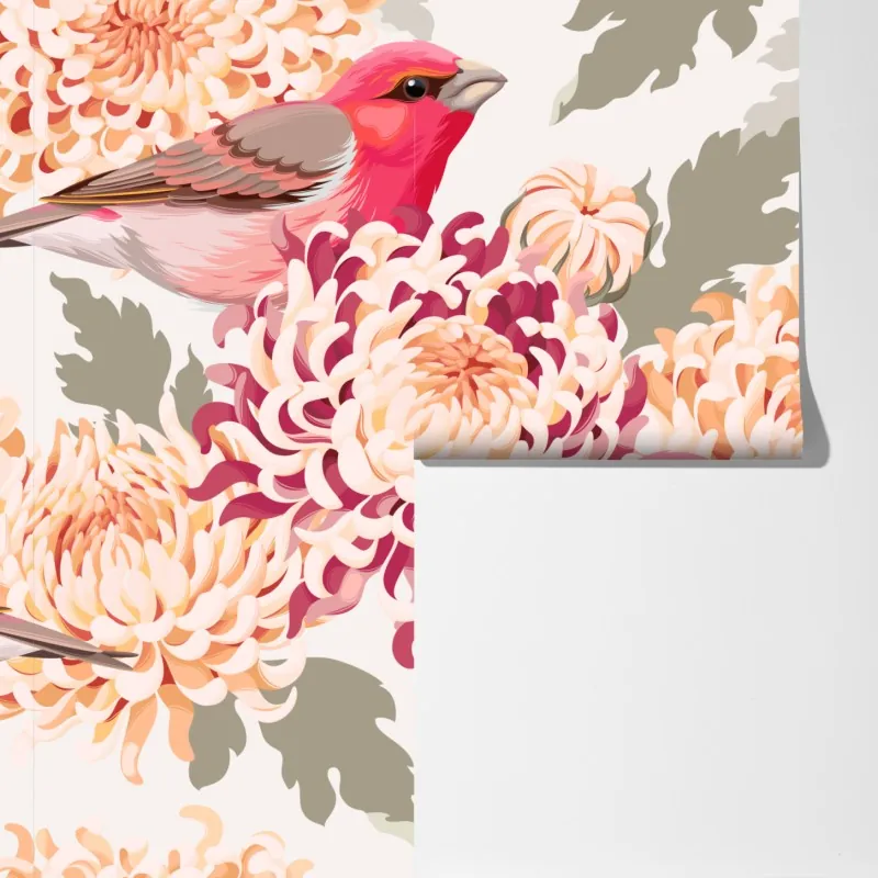 Fototapeta różowe ptaki i wzór z chryzantemami – Wallissimo® Fototapeta różowe ptaki i wzór z chryzantemami – Wallissimo®