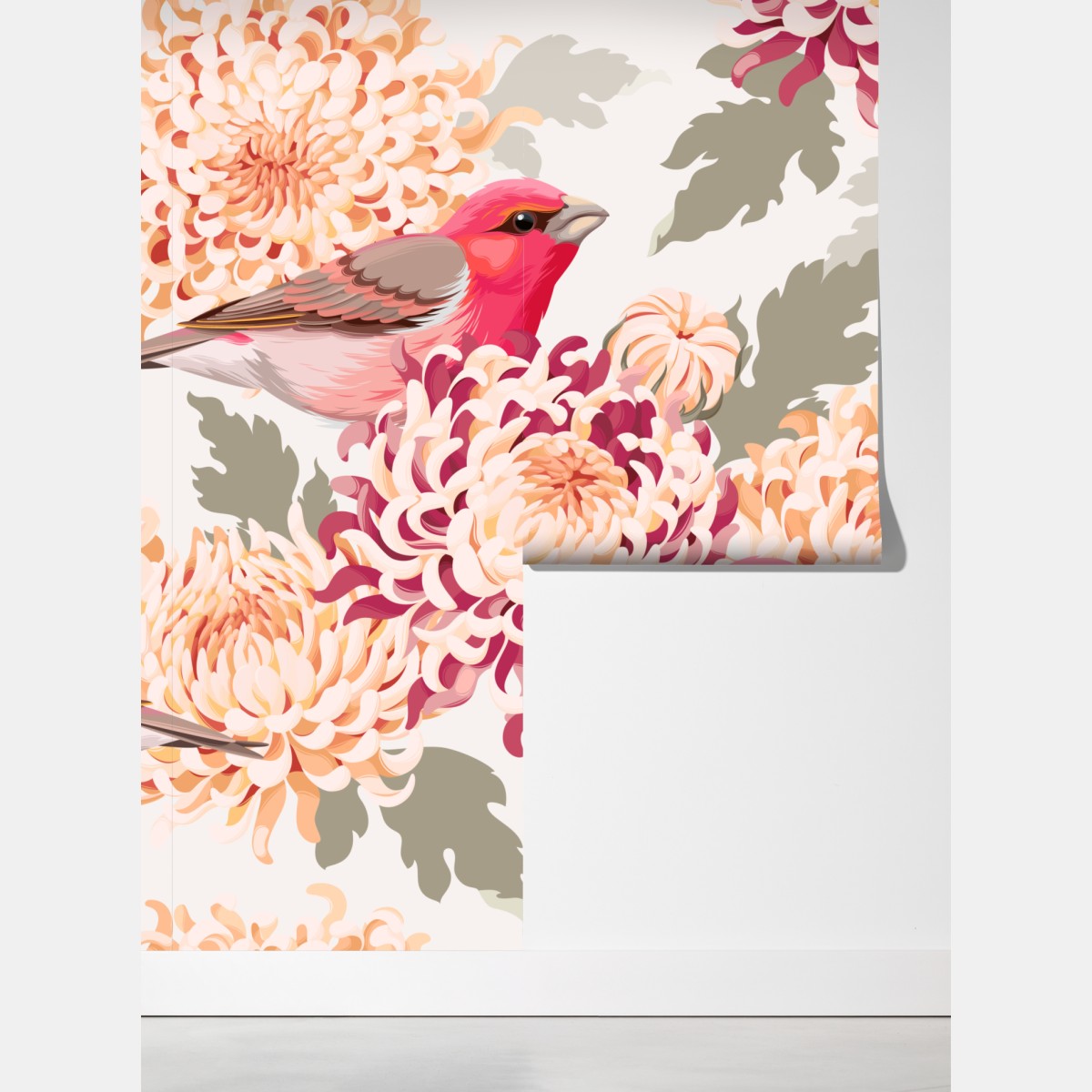 Fototapeta różowe ptaki i wzór z chryzantemami – Wallissimo® Fototapeta różowe ptaki i wzór z chryzantemami – Wallissimo®