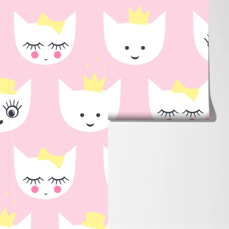 Fototapeta różowy wzór z kocimi buźkami – Wallissimo® Fototapeta różowy wzór z kocimi buźkami – Wallissimo®