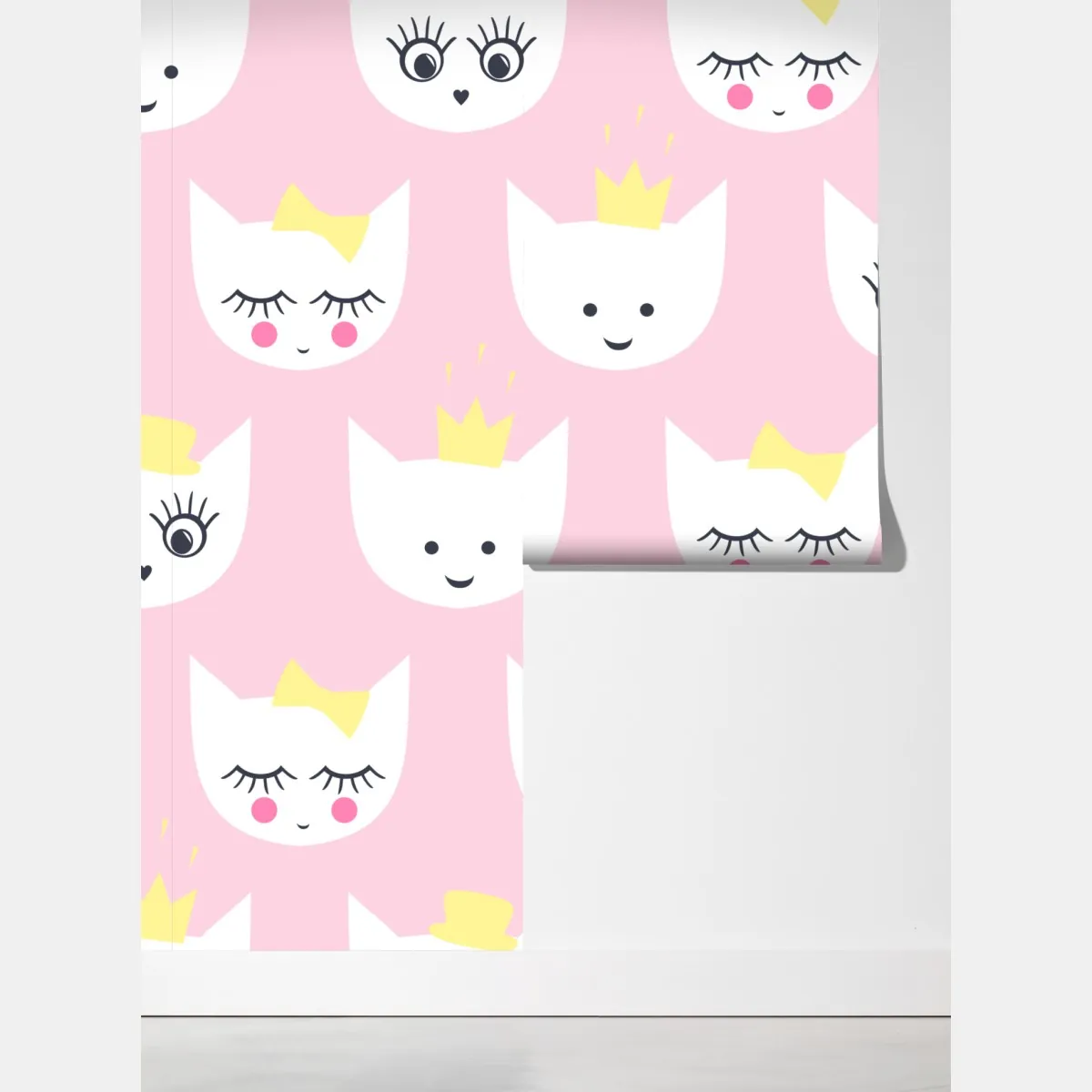 Fototapeta różowy wzór z kocimi buźkami – Wallissimo® Fototapeta różowy wzór z kocimi buźkami – Wallissimo®