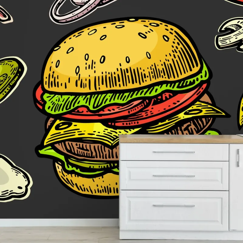 Fototapeta kolorowy wzór z burgerem i składnikami