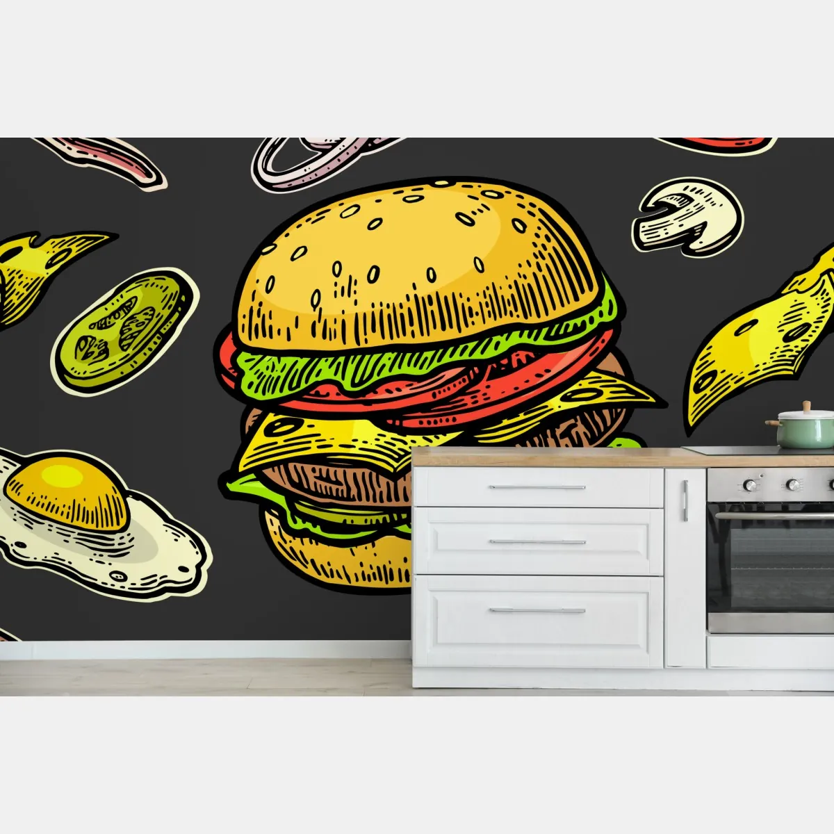 Fototapeta kolorowy wzór z burgerem i składnikami – Wallissimo® Fototapeta kolorowy wzór z burgerem i składnikami – Wallissimo®