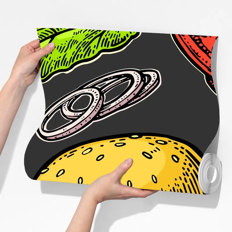 Fototapeta kolorowy wzór z burgerem i składnikami – Wallissimo® Fototapeta kolorowy wzór z burgerem i składnikami – Wallissimo®