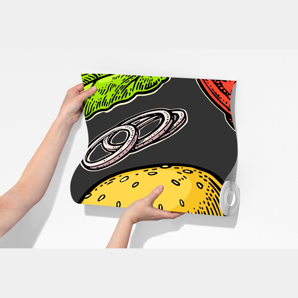 Fototapeta kolorowy wzór z burgerem i składnikami – Wallissimo® Fototapeta kolorowy wzór z burgerem i składnikami – Wallissimo®