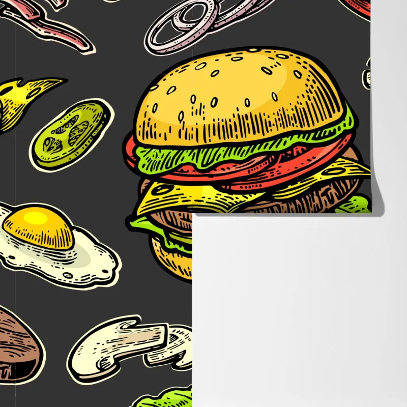 Fototapeta kolorowy wzór z burgerem i składnikami – Wallissimo® Fototapeta kolorowy wzór z burgerem i składnikami – Wallissimo®