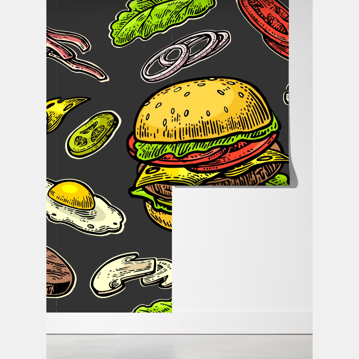 Fototapeta kolorowy wzór z burgerem i składnikami – Wallissimo® Fototapeta kolorowy wzór z burgerem i składnikami – Wallissimo®