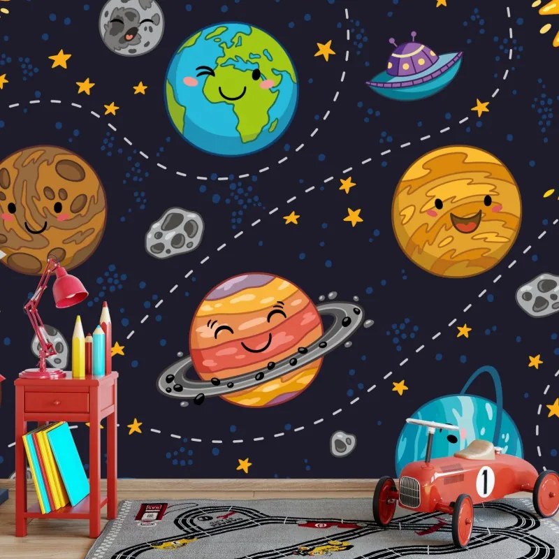 Fototapeta uśmiechnięte planety na zabawnym tle kosmicznym