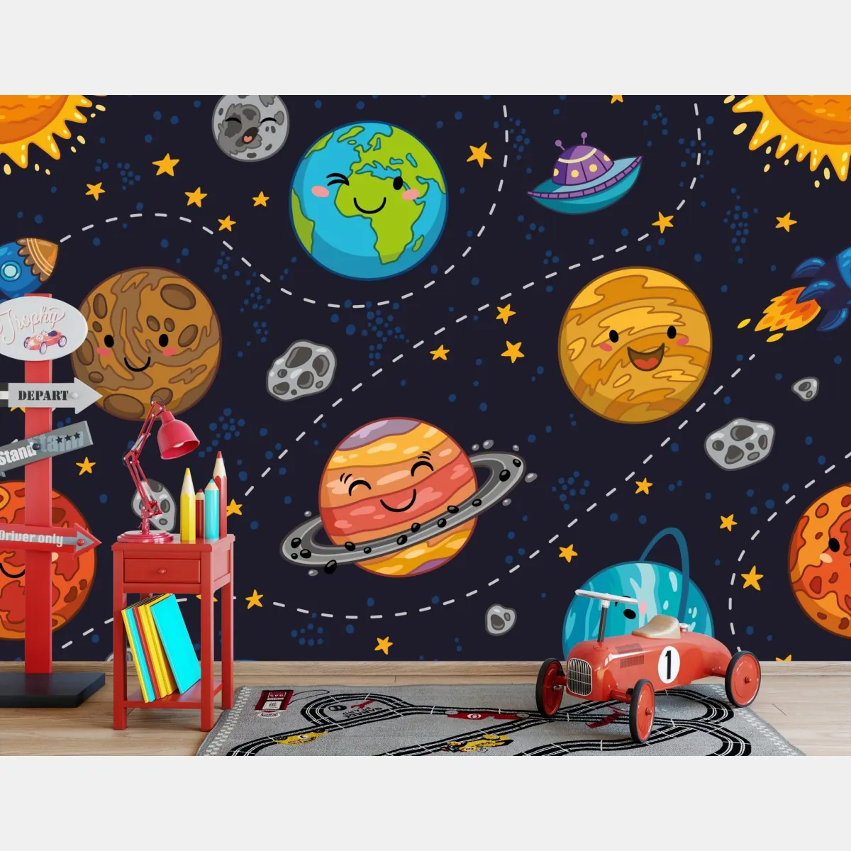 Fototapeta uśmiechnięte planety na zabawnym tle kosmicznym – Wallissimo® Fototapeta uśmiechnięte planety na zabawnym tle kosmicznym – Wallissimo®
