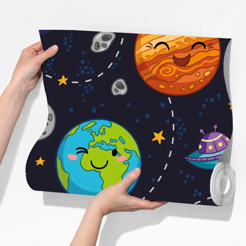 Fototapeta uśmiechnięte planety na zabawnym tle kosmicznym – Wallissimo® Fototapeta uśmiechnięte planety na zabawnym tle kosmicznym – Wallissimo®