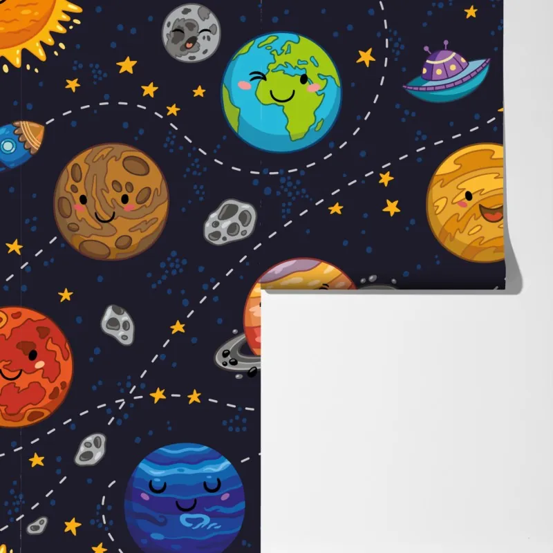 Fototapeta uśmiechnięte planety na zabawnym tle kosmicznym – Wallissimo® Fototapeta uśmiechnięte planety na zabawnym tle kosmicznym – Wallissimo®