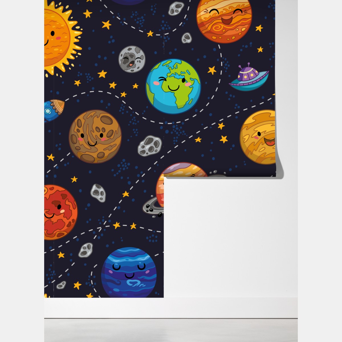 Fototapeta uśmiechnięte planety na zabawnym tle kosmicznym – Wallissimo® Fototapeta uśmiechnięte planety na zabawnym tle kosmicznym – Wallissimo®