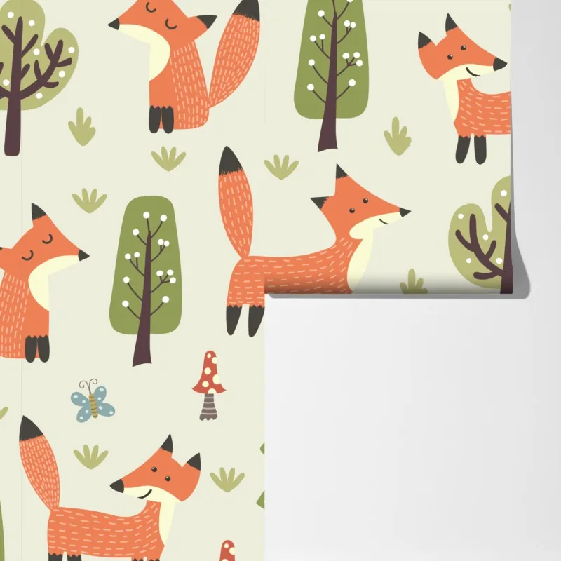 Fototapeta wesoły leśny wzór z lisami – Wallissimo® Fototapeta wesoły leśny wzór z lisami – Wallissimo®