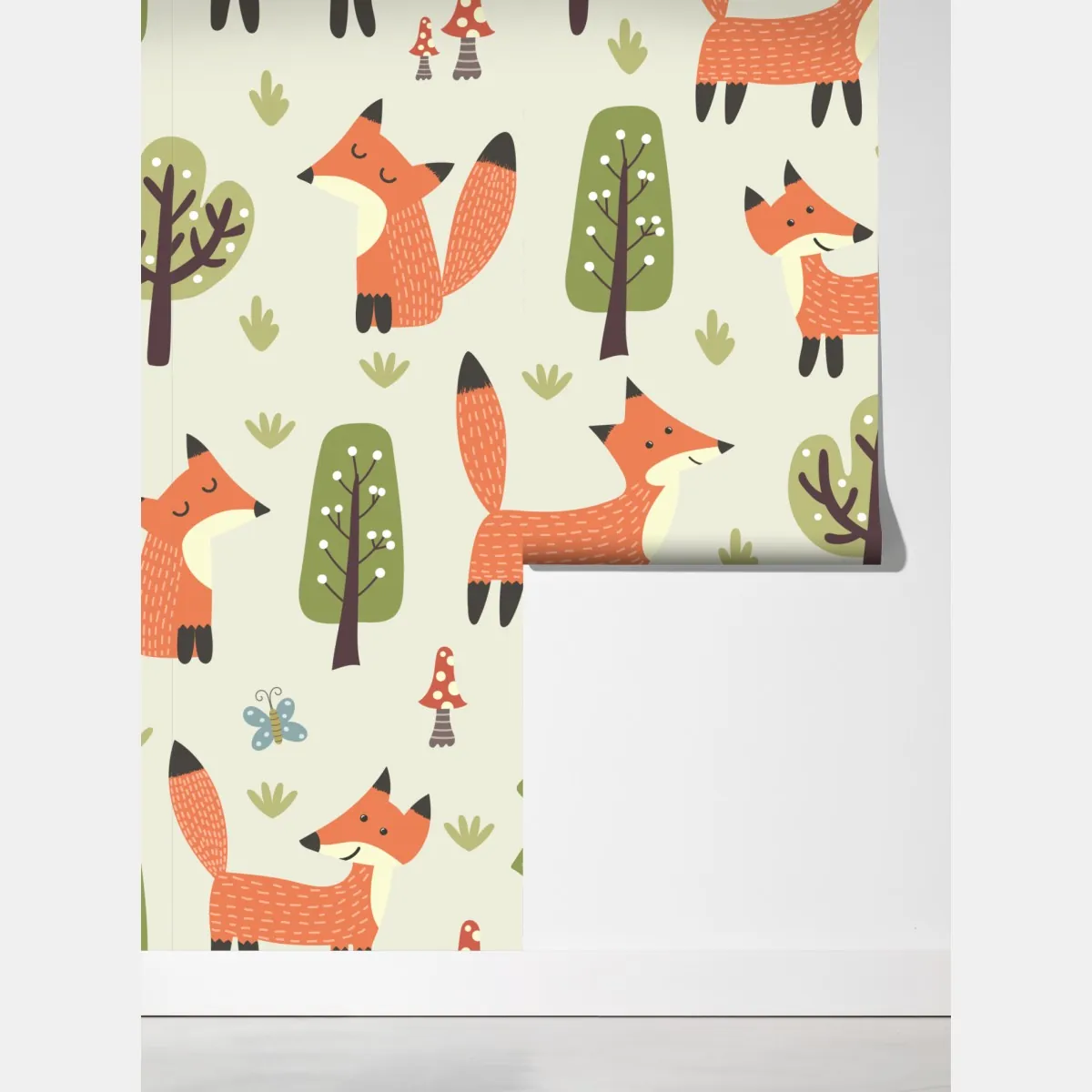 Fototapeta wesoły leśny wzór z lisami – Wallissimo® Fototapeta wesoły leśny wzór z lisami – Wallissimo®