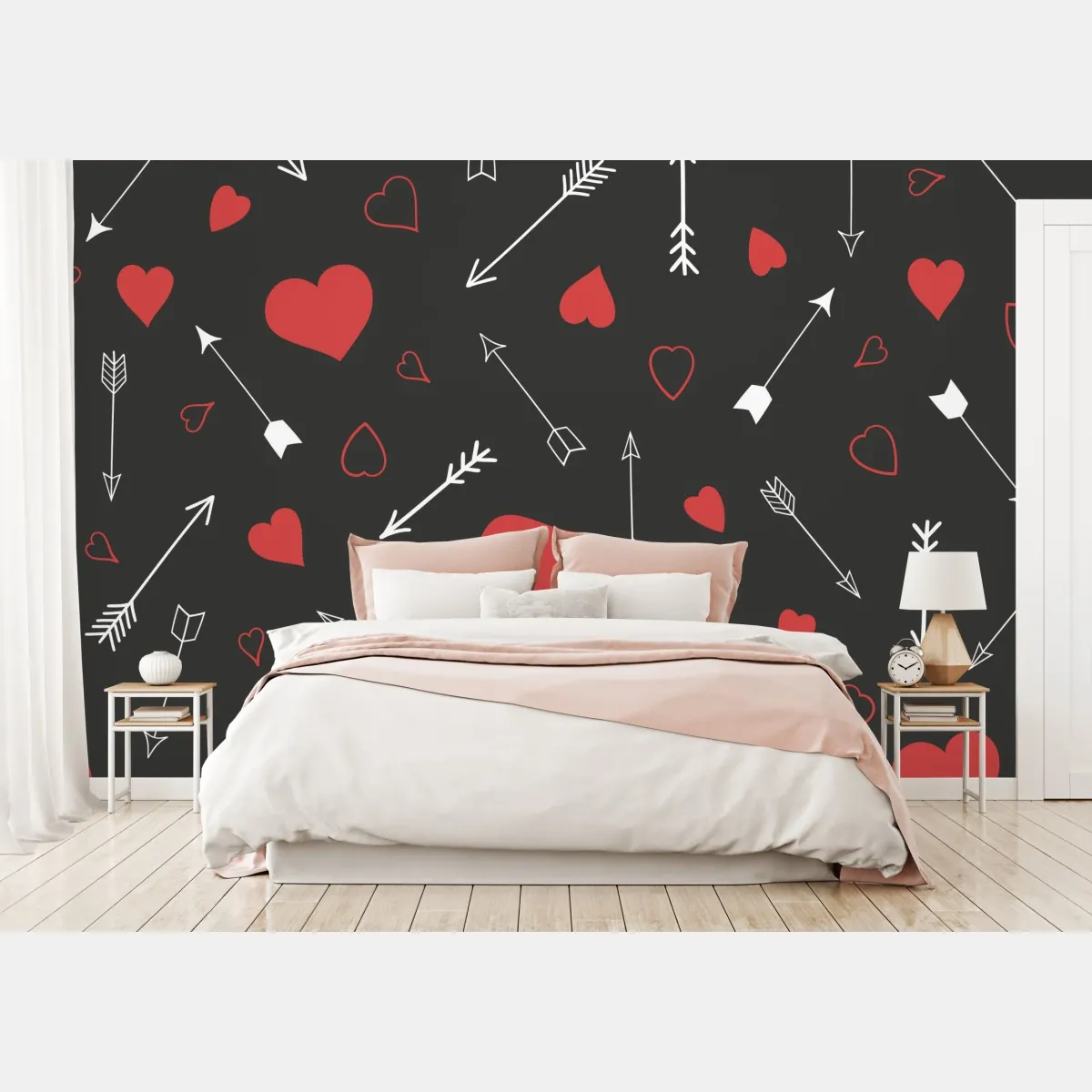 Fototapeta wzór czerwonych serc i strzał – Wallissimo® Fototapeta wzór czerwonych serc i strzał – Wallissimo®