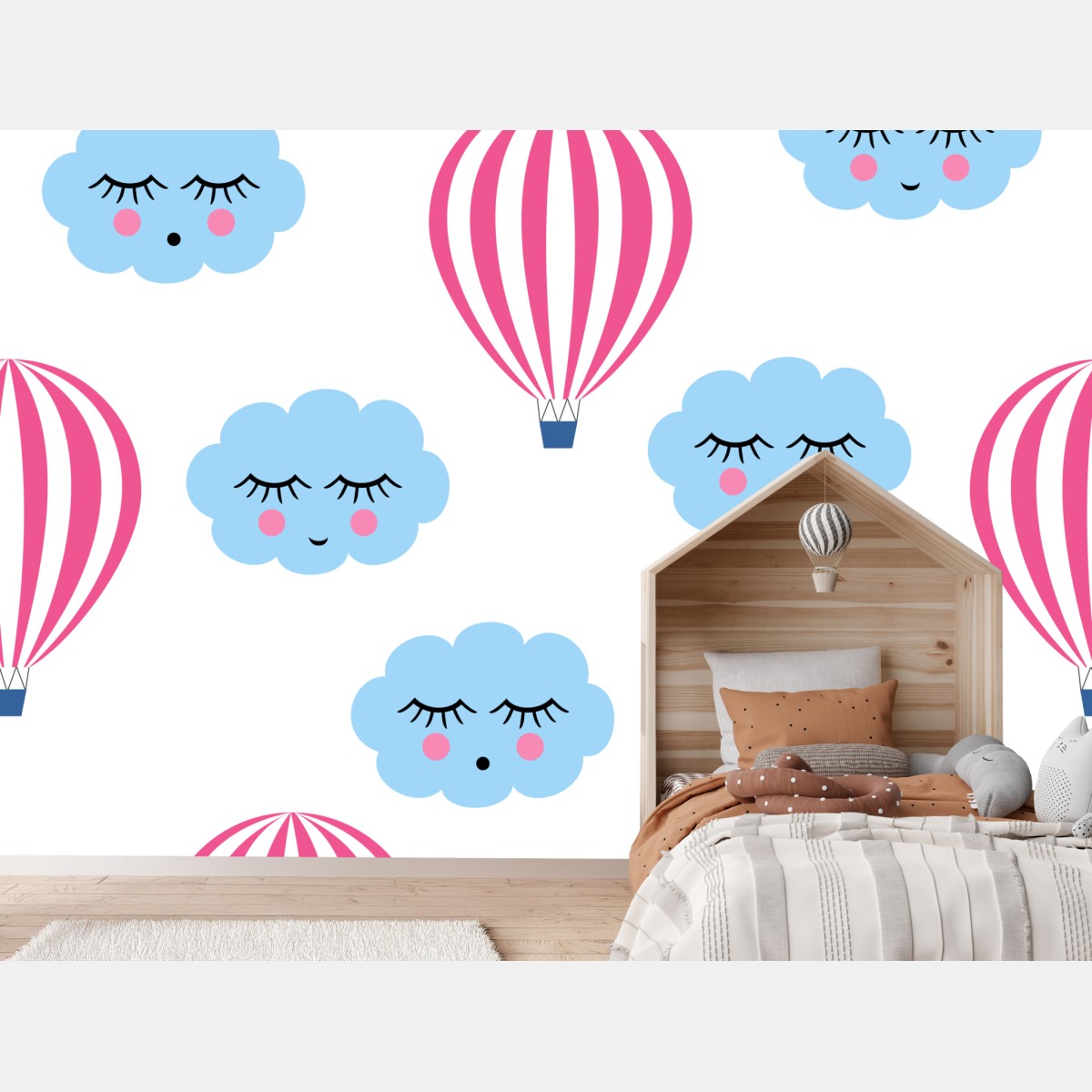Wall mural pastel clouds and hot air balloons pattern