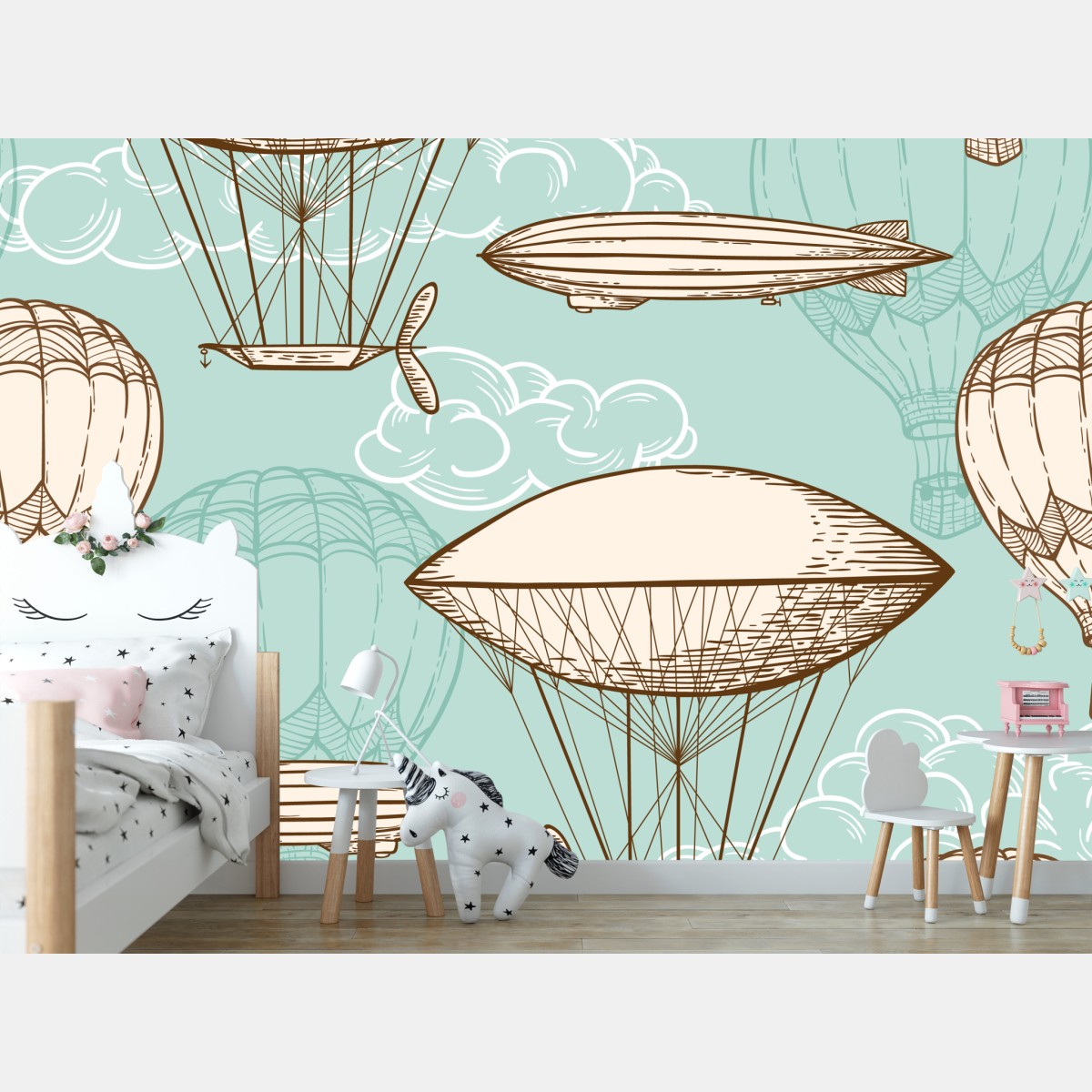 Wall mural vintage airship and hot air balloon pattern