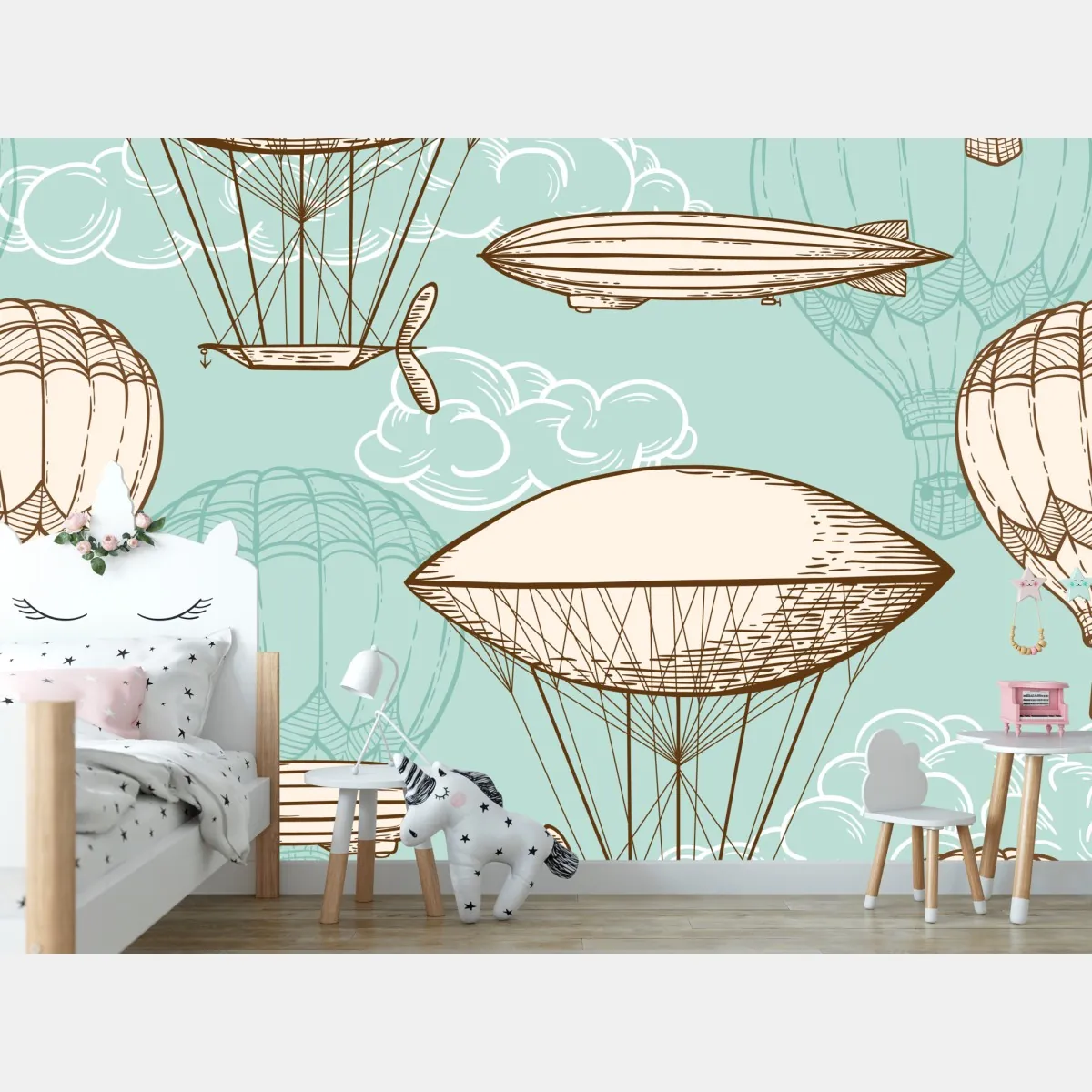 Fototapeta wzór ze starymi sterowcami i balonami – Wallissimo® Fototapeta wzór ze starymi sterowcami i balonami – Wallissimo®