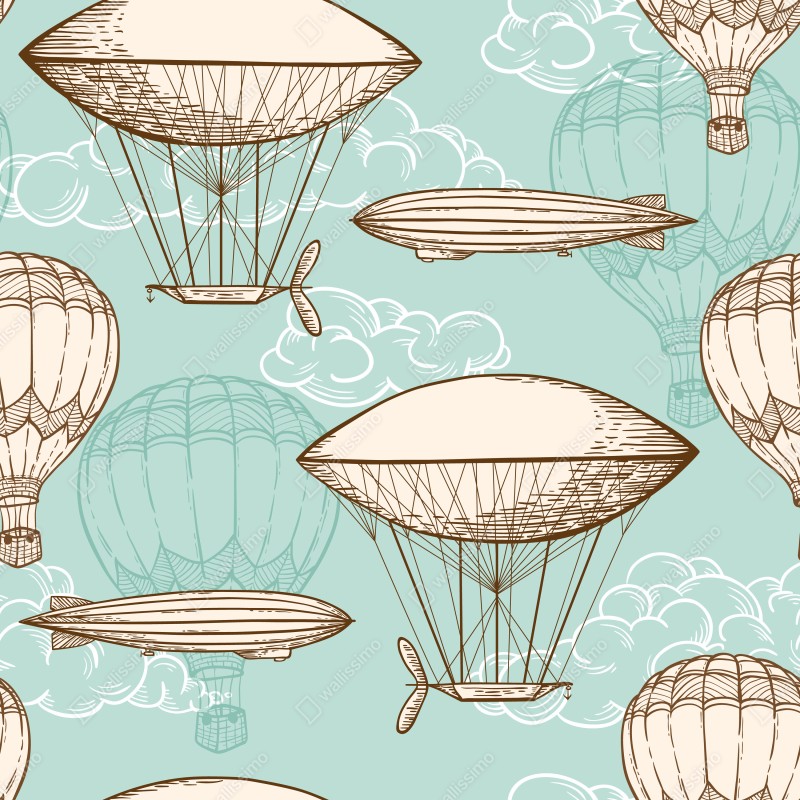 Fototapeta wzór ze starymi sterowcami i balonami – Wallissimo® Fototapeta wzór ze starymi sterowcami i balonami – Wallissimo®