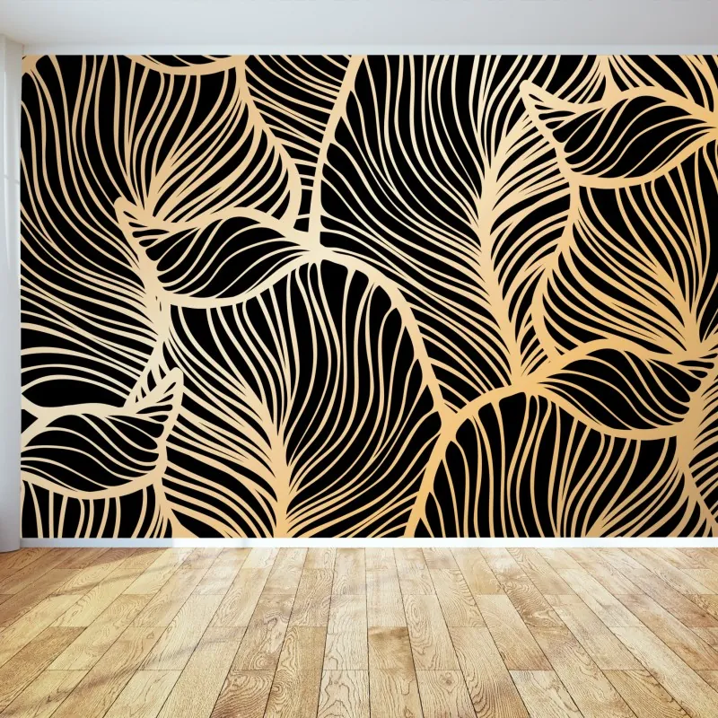 Fototapeta złoty wzór liści na czarnym tle