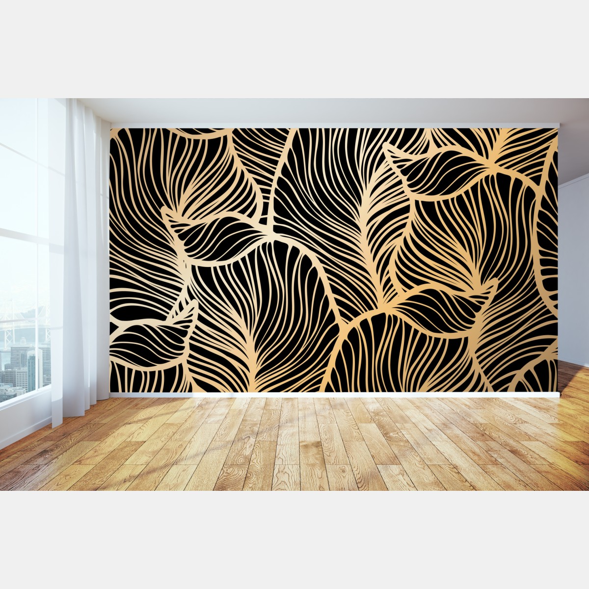 Wall mural golden leaf pattern on black